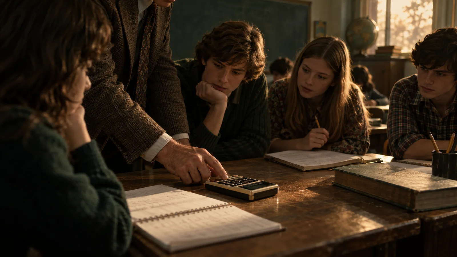 A teacher introduces a pocket calculator beside handwritten arithmetic in a 1970s classroom