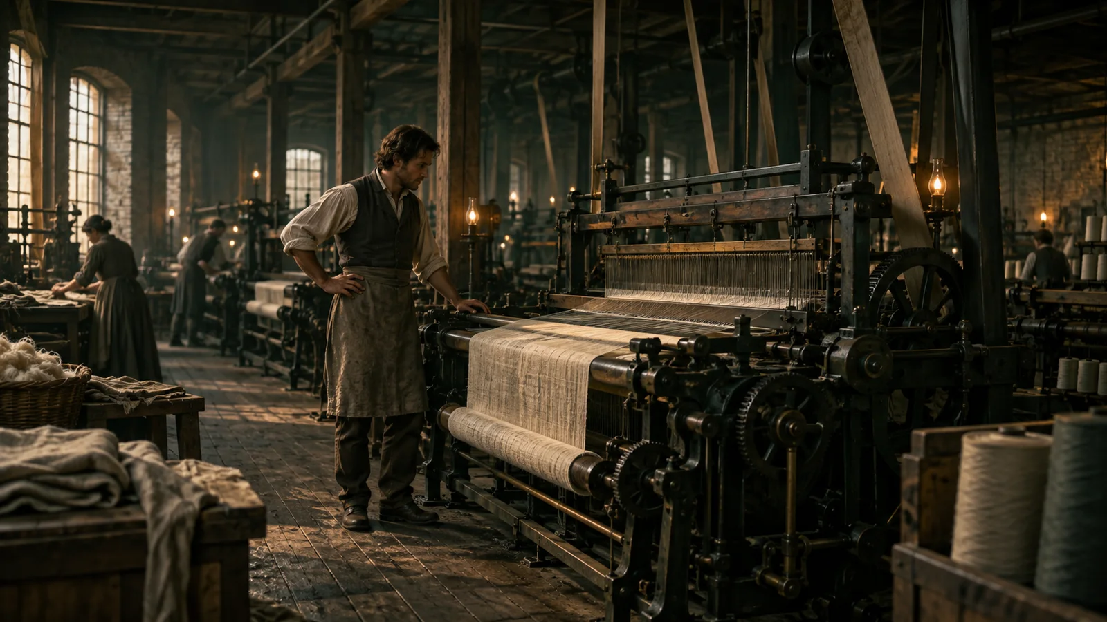 A skilled textile worker considering a mechanised loom in an early nineteenth-century mill