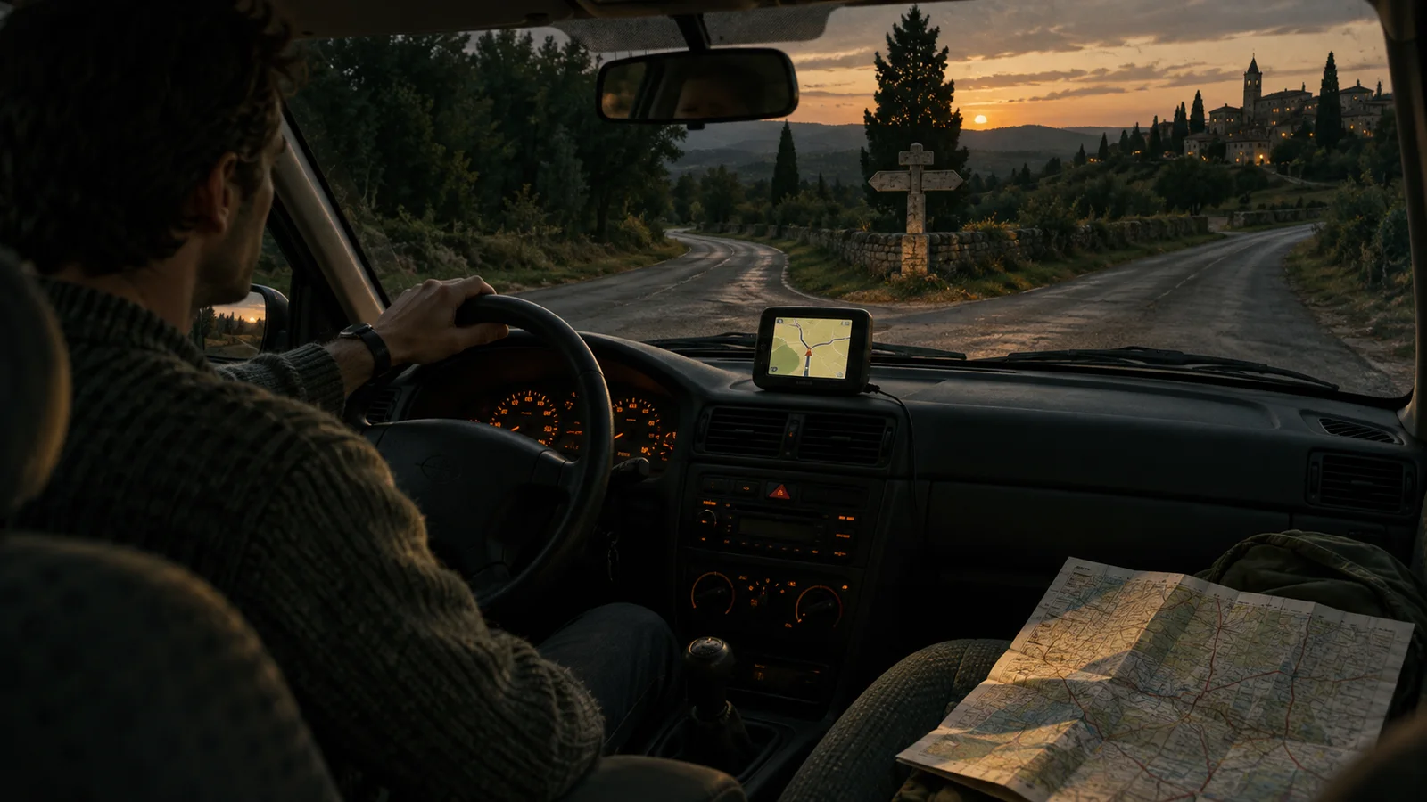 An early satellite-navigation unit and a paper map inside a car at a crossroads